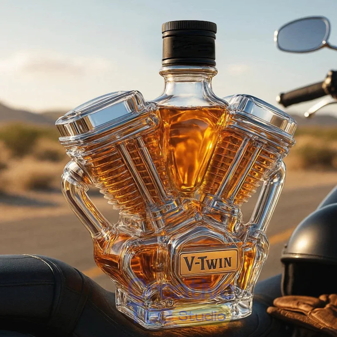 V-Class Motorcycle Engine 'Unleaded' Glass Whiskey Bottle V-Class Motorcycle Engine 'Unleaded' Glass Whiskey Bottle