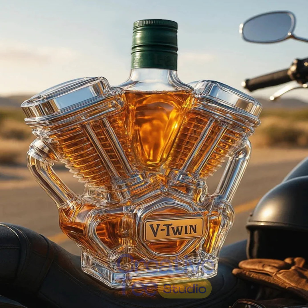 V-Class Motorcycle Engine 'Unleaded' Glass Whiskey Bottle V-Class Motorcycle Engine 'Unleaded' Glass Whiskey Bottle