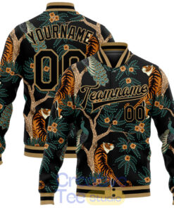 Custom Black Black-Old Gold Tiger And Peacock 3D Pattern Design Bomber Full-Snap Varsity Letterman Jacket Custom Black Black-Old Gold Tiger And Peacock 3D Pattern Design Bomber Full-Snap Varsity Letterman Jacket