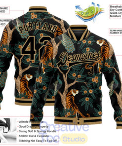 Custom Black Black-Old Gold Tiger And Peacock 3D Pattern Design Bomber Full-Snap Varsity Letterman Jacket