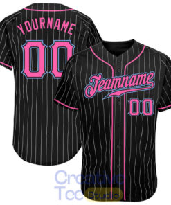Custom Black White Pinstripe Pink-Light Blue Baseball Jersey