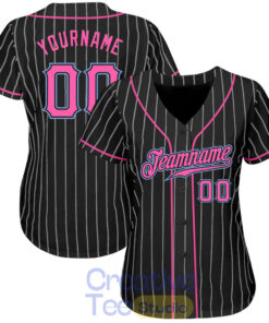 Custom Black White Pinstripe Pink-Light Blue Baseball Jersey
