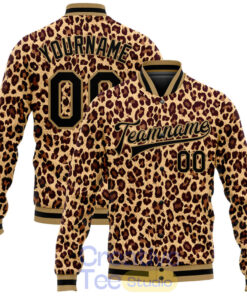 Custom Brown Black-Old Gold Leopard 3D Pattern Design Bomber Full-Snap Varsity Letterman Jacket Custom Brown Black-Old Gold Leopard 3D Pattern Design Bomber Full-Snap Varsity Letterman Jacket
