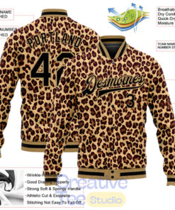 Custom Brown Black-Old Gold Leopard 3D Pattern Design Bomber Full-Snap Varsity Letterman Jacket