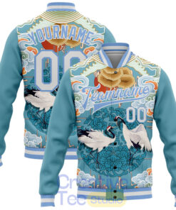 Custom Light Blue White Heron And Cloud 3D Pattern Design Bomber Full-Snap Varsity Letterman Jacket Custom Light Blue White Heron And Cloud 3D Pattern Design Bomber Full-Snap Varsity Letterman Jacket
