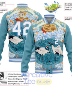 Custom Light Blue White Heron And Cloud 3D Pattern Design Bomber Full-Snap Varsity Letterman Jacket