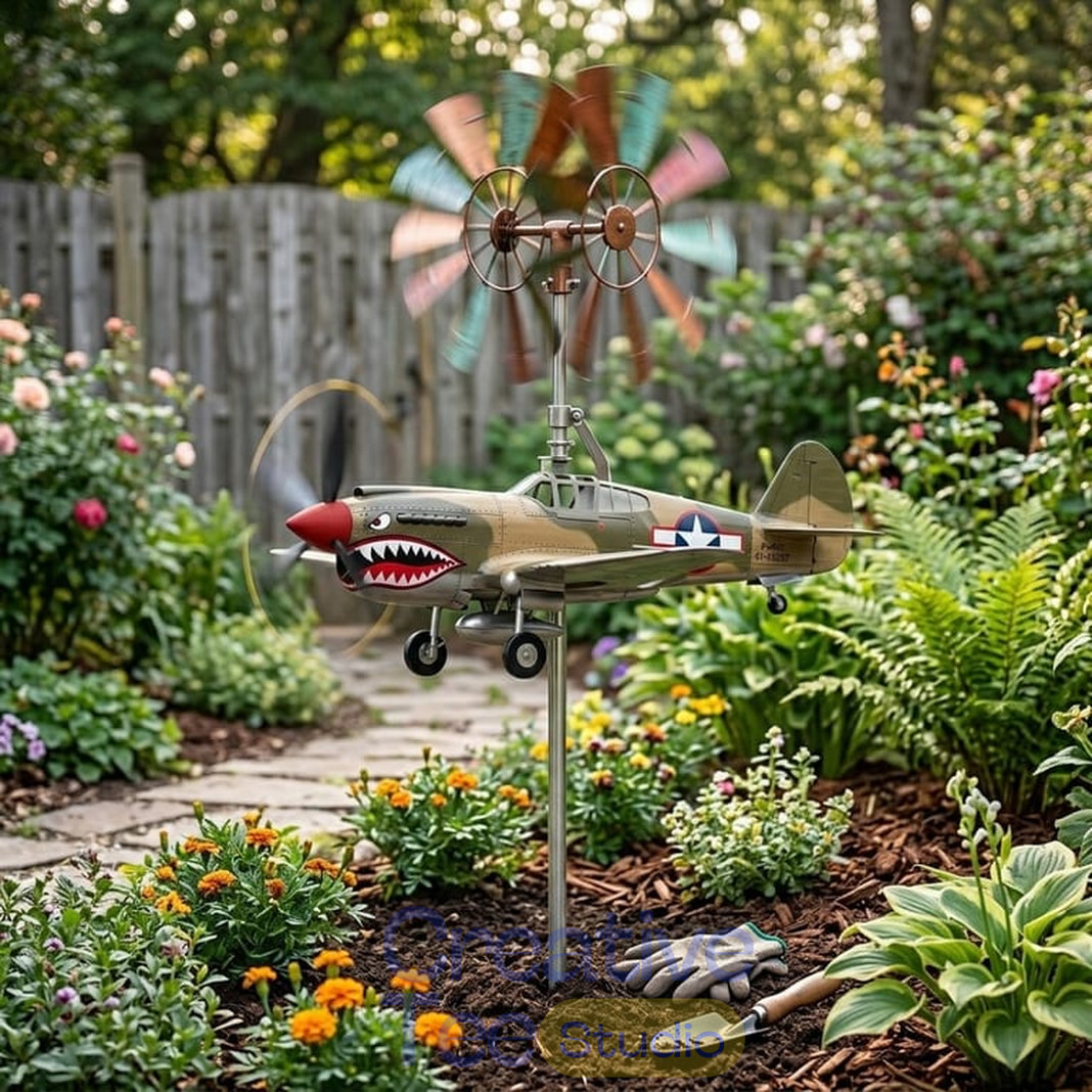 WWII Shark Mouth Fighter Garden Wind Spinner WWII Shark Mouth Fighter Garden Wind Spinner