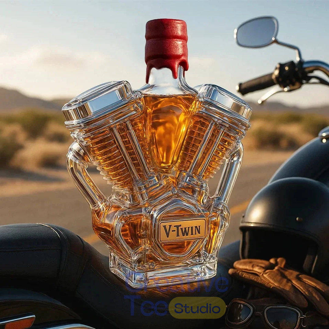 V-Class Motorcycle Engine 'Unleaded' Glass Whiskey Bottle V-Class Motorcycle Engine 'Unleaded' Glass Whiskey Bottle