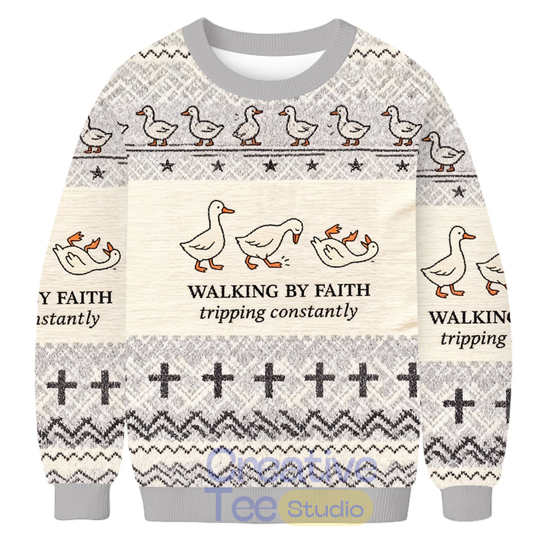 Funny Goose Walking By Faith Ugly Christmas Sweater Funny Goose Walking By Faith Ugly Christmas Sweater