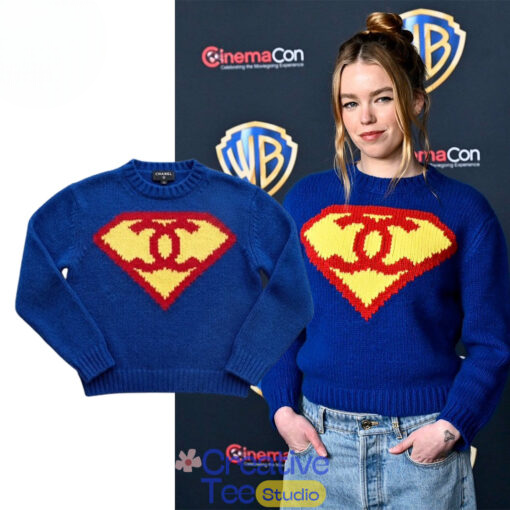 Milly Alcock Chanel Superman Sweater At CinemaCon Milly Alcock Chanel Superman Sweater At CinemaCon