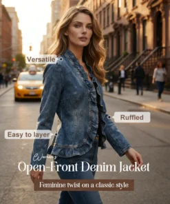 🌸 Women’s Denim Jacket with Ruffles & Open Front – Lightweight & Feminine – Versatile & Chic 👗