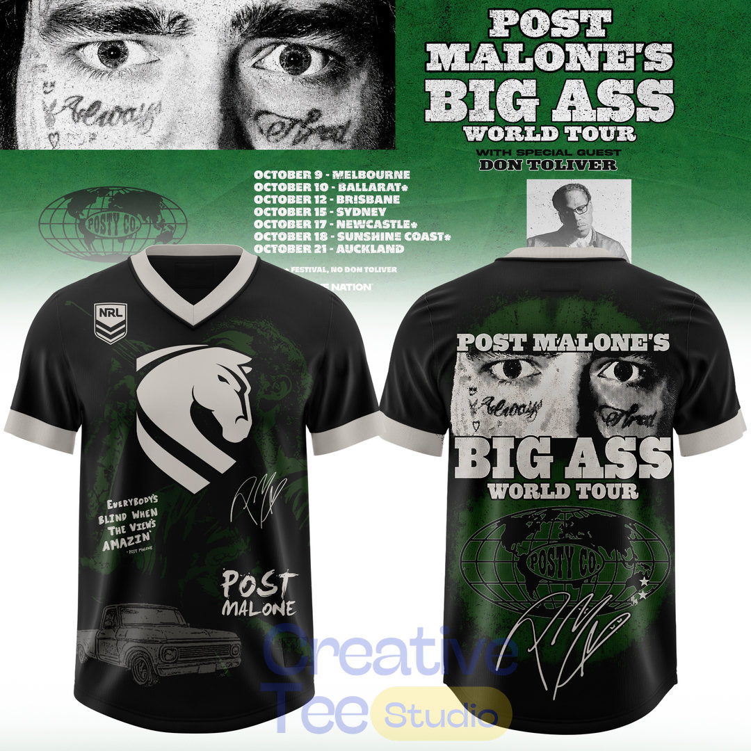 Brisbane Broncos x Post Malone Big Ass World Tour 2026 Football Jersey Brisbane Broncos x Post Malone Big Ass World Tour 2026 Football Jersey