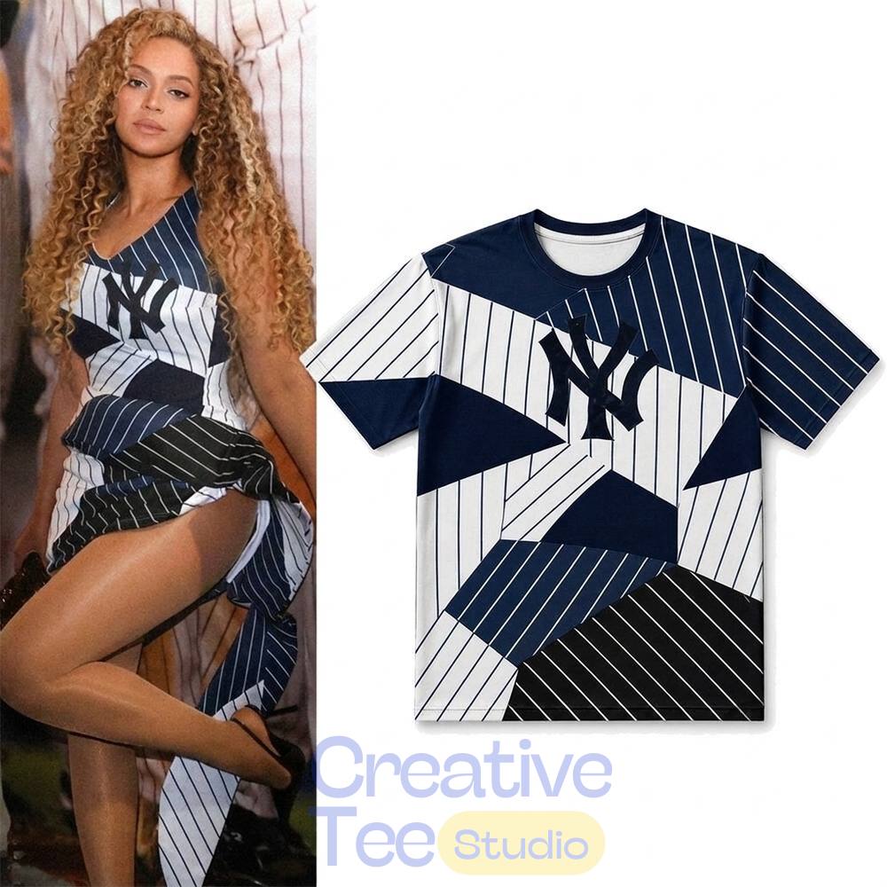 Beyonce Inspired NY Yankees Patchwork Shirt Pinstripe Graphic T-Shirt Beyonce Inspired NY Yankees Patchwork Shirt Pinstripe Graphic T-Shirt