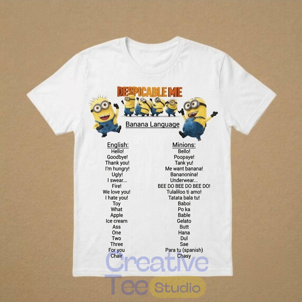Despicable Me Minion Banana Language Dictionary Graphic 2D T-Shirt Despicable Me Minion Banana Language Dictionary Graphic 2D T-Shirt