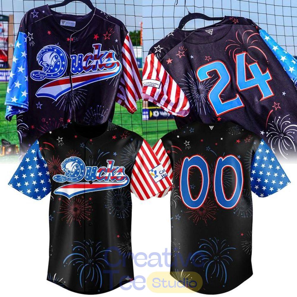 Long Island Ducks Patriotic 4th of July Fireworks Baseball Jersey Long Island Ducks Patriotic 4th of July Fireworks Baseball Jersey