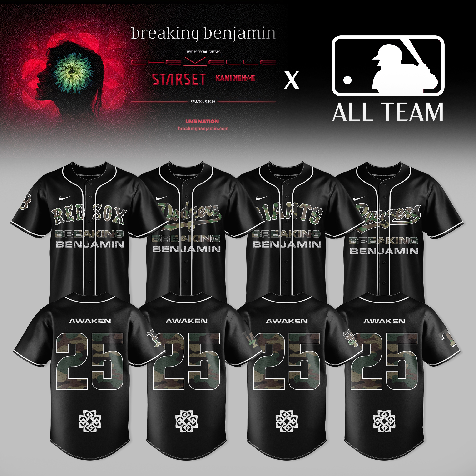 MLB All Teams x Breaking Benjamin American Tour 2026 Premium 3D Baseball Jersey v2 MLB All Teams x Breaking Benjamin American Tour 2026 Premium 3D Baseball Jersey v2